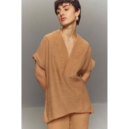 Zaitra Wave Beige Crepe Linen Top