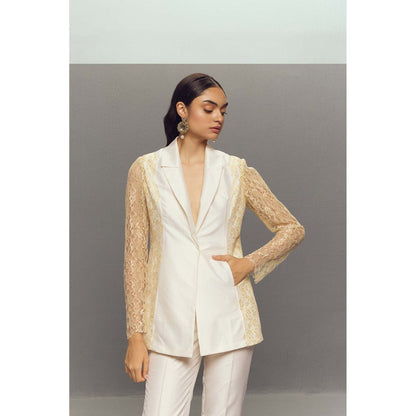 Zaitra White Chantilly Lace Blazer with Pant (Set of 2)