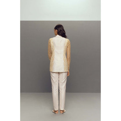 Zaitra White Chantilly Lace Blazer with Pant (Set of 2)