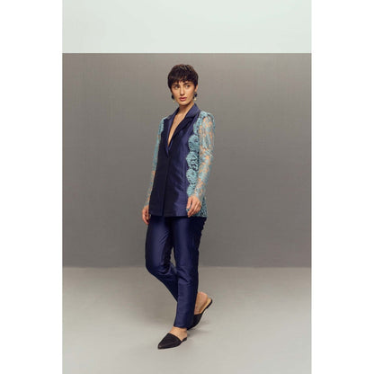Zaitra Blue Chantilly Lace Blazer with Pant (Set of 2)