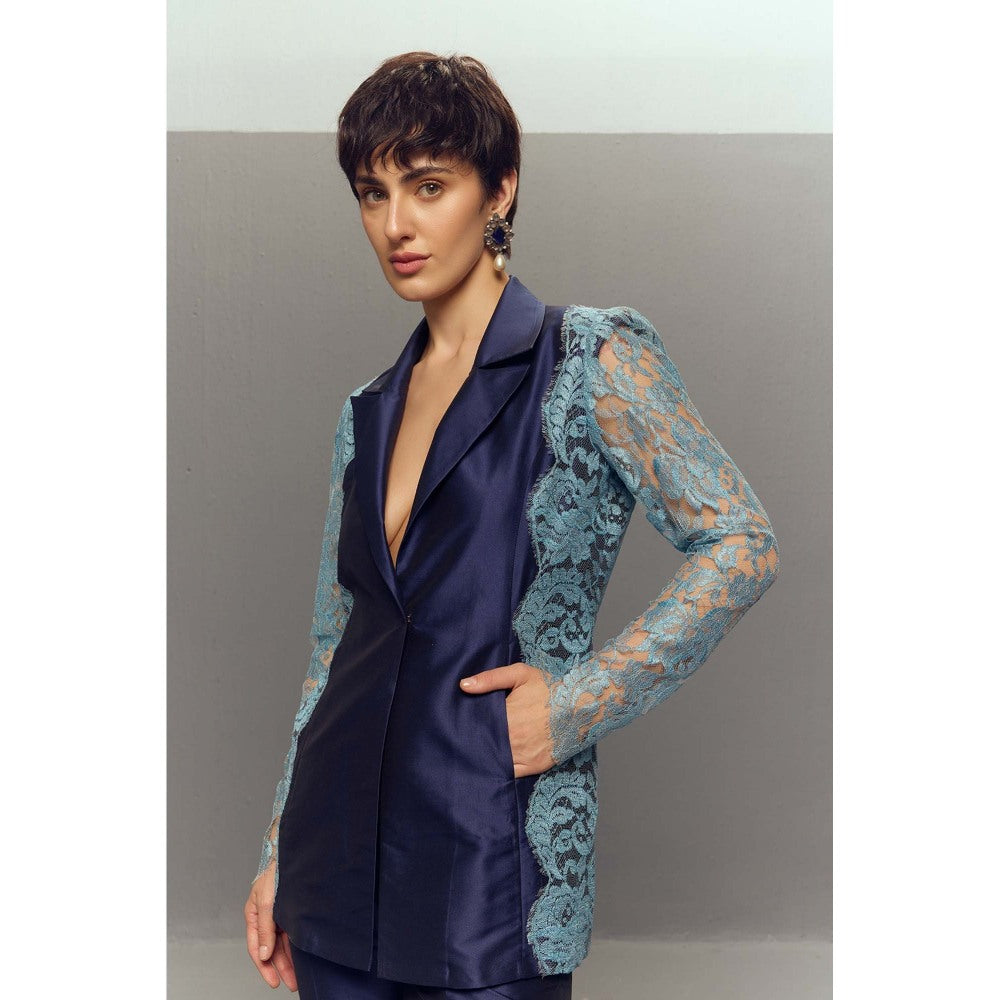 Zaitra Blue Chantilly Lace Blazer with Pant (Set of 2)