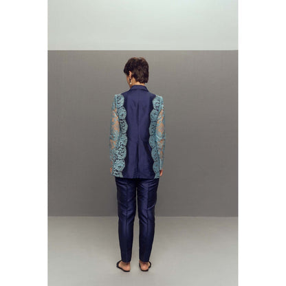 Zaitra Blue Chantilly Lace Blazer with Pant (Set of 2)