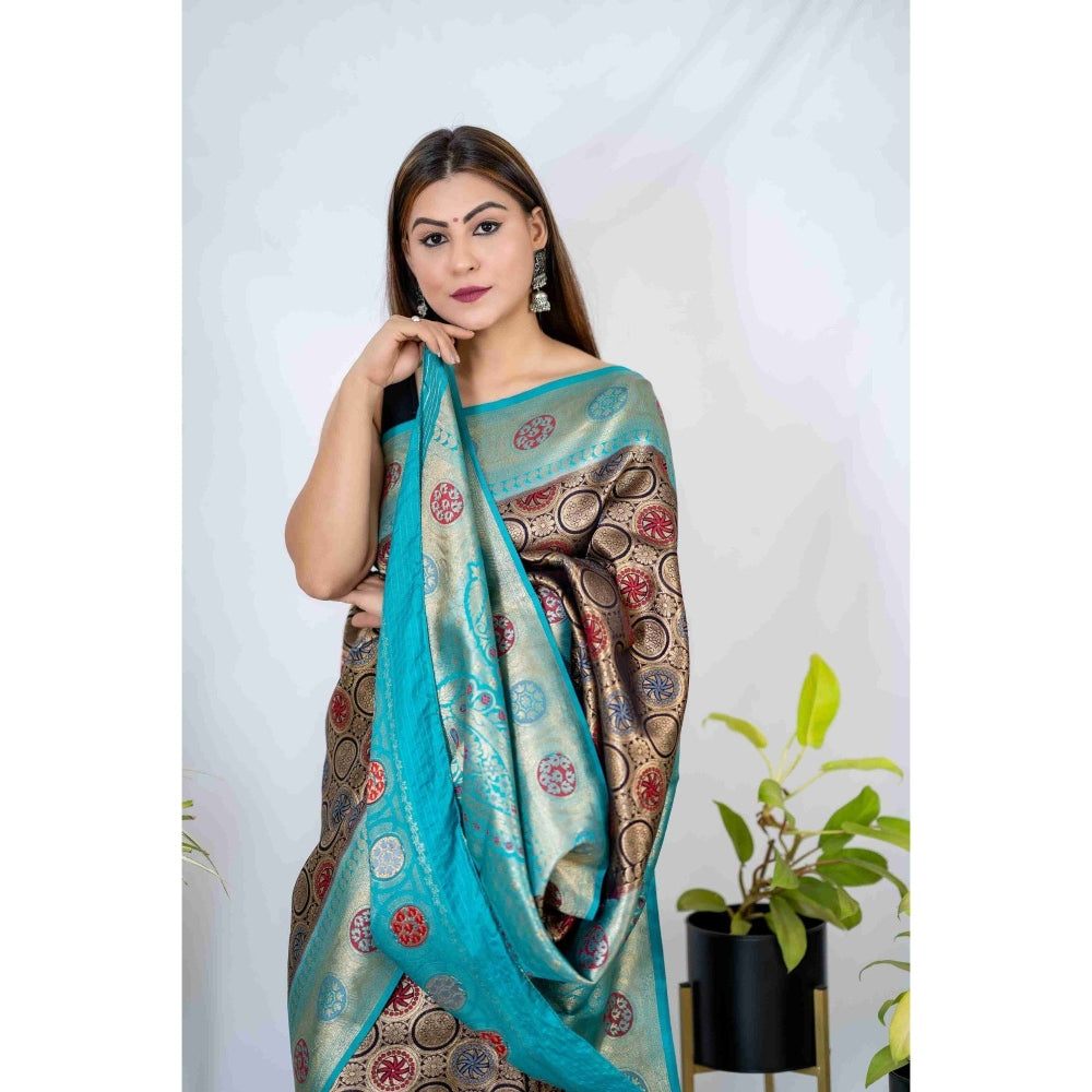 Zal from Benaras Navy Blue Silk Banarasi Handloom Saree with Unstitched Blouse