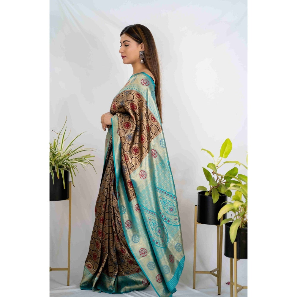 Zal from Benaras Navy Blue Silk Banarasi Handloom Saree with Unstitched Blouse