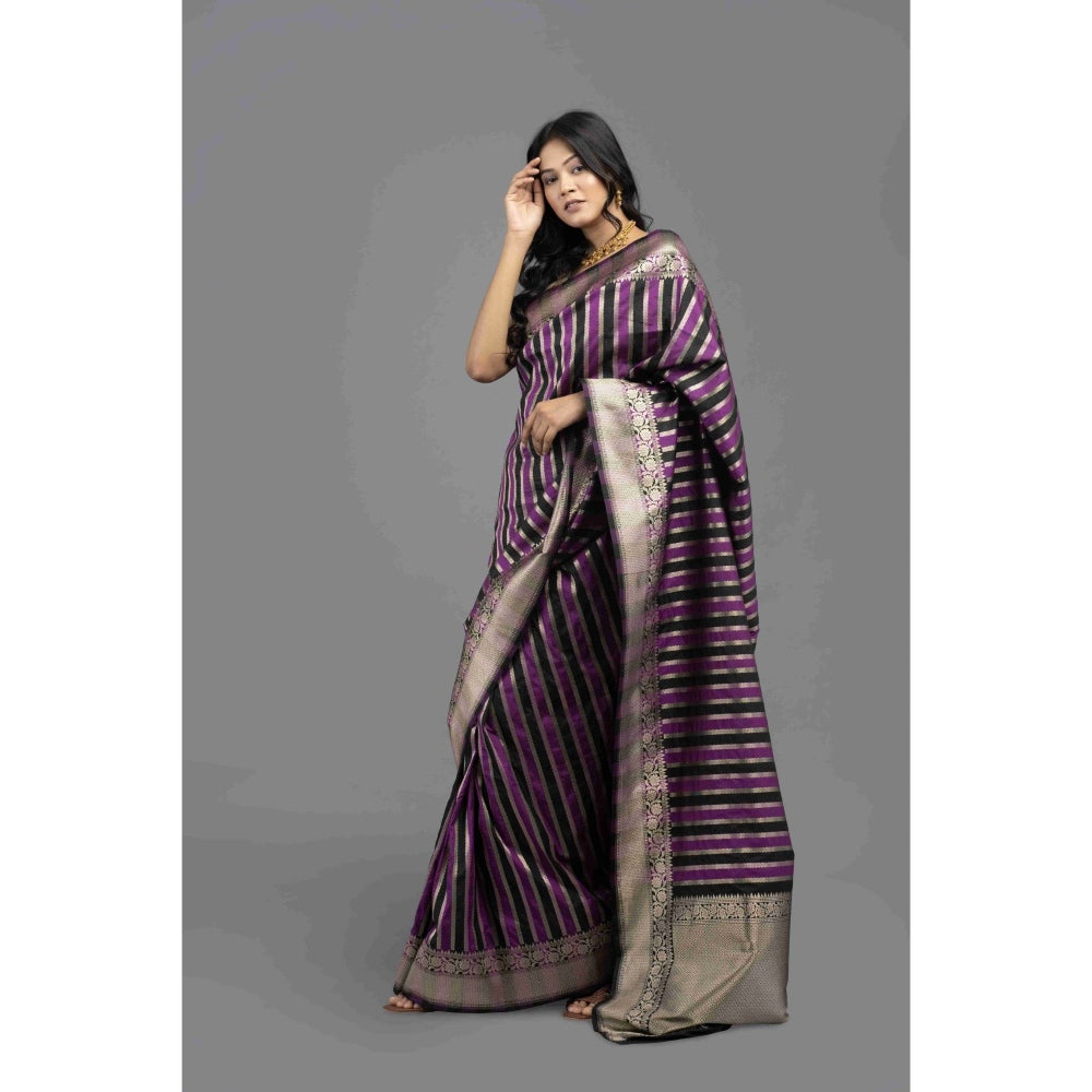 Zal from Benaras Purple Rangkat Silk Banarasi Handloom Saree with Unstitched Blouse