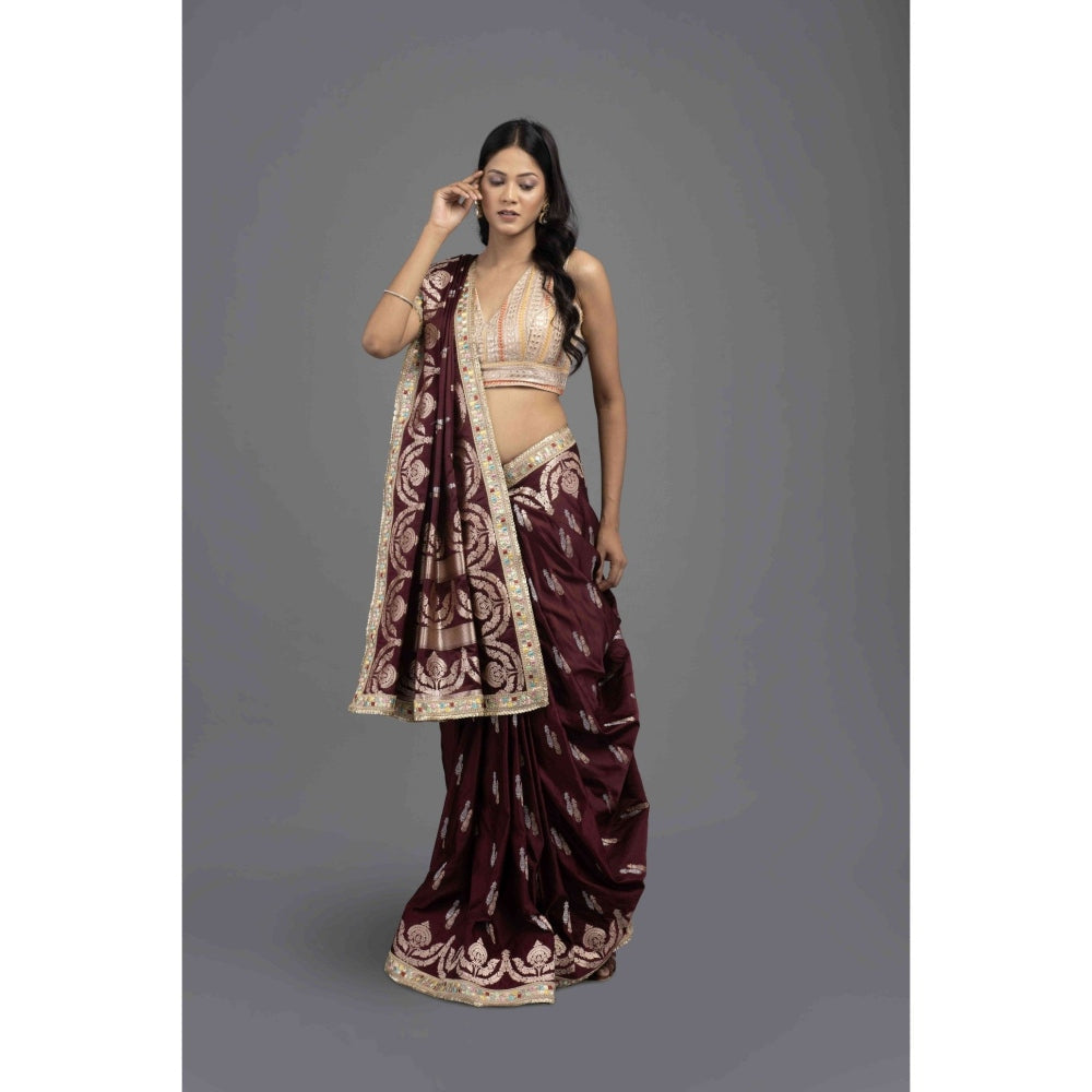 Zal from Benaras Wine Cutwork Silk Banarasi Handloom Saree with Unstitched Blouse