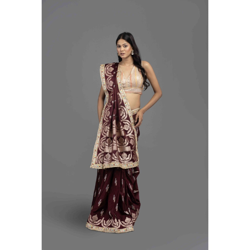 Zal from Benaras Wine Cutwork Silk Banarasi Handloom Saree with Unstitched Blouse
