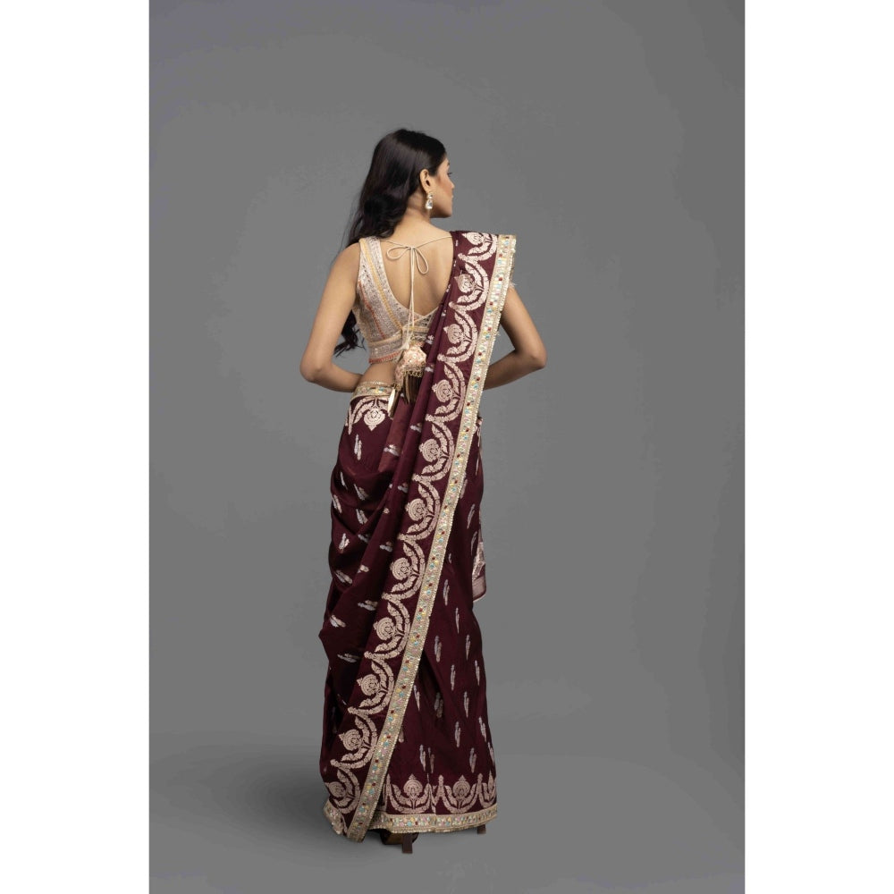 Zal from Benaras Wine Cutwork Silk Banarasi Handloom Saree with Unstitched Blouse