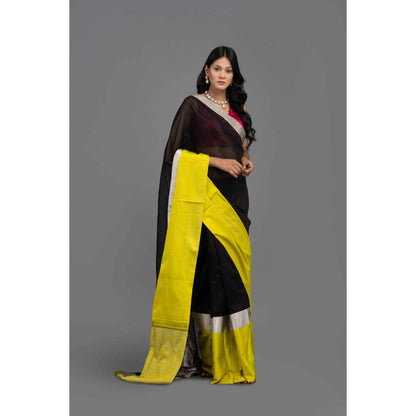 Zal from Benaras Black Chanderi Silk Banarasi Saree with Unstitched Blouse
