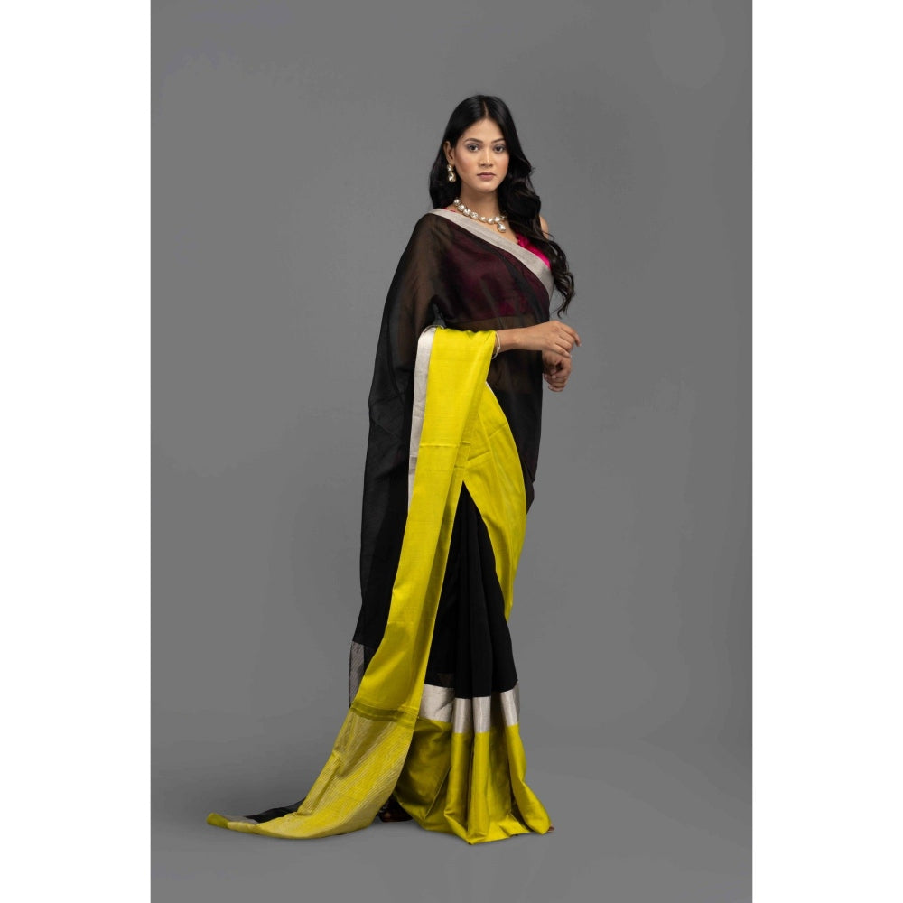Zal from Benaras Black Chanderi Silk Banarasi Saree with Unstitched Blouse