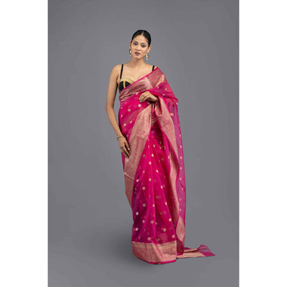 Zal from Benaras Hot Pink Silk Banarasi Handloom Saree with Unstitched Blouse