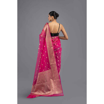 Zal from Benaras Hot Pink Silk Banarasi Handloom Saree with Unstitched Blouse