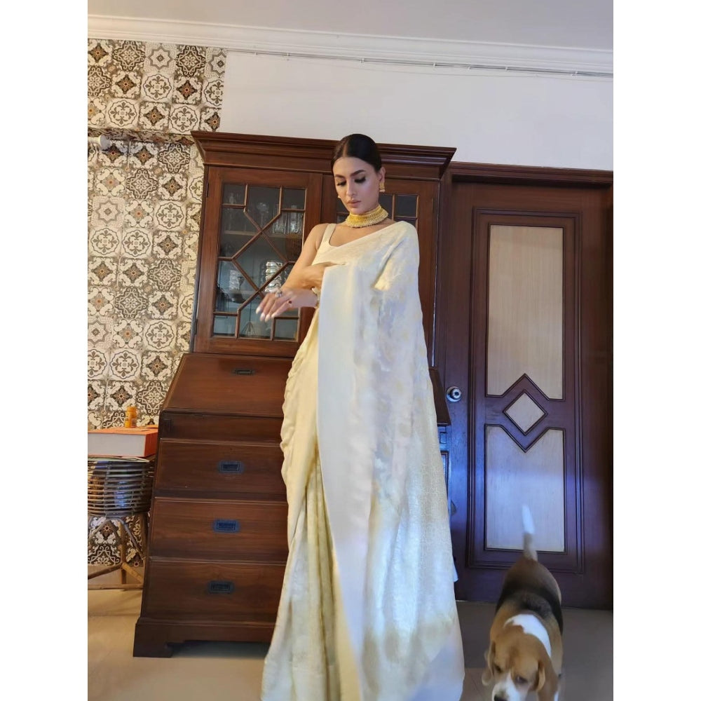 Zal from Benaras Cream Banarasi Handloom Saree with Unstitched Blouse