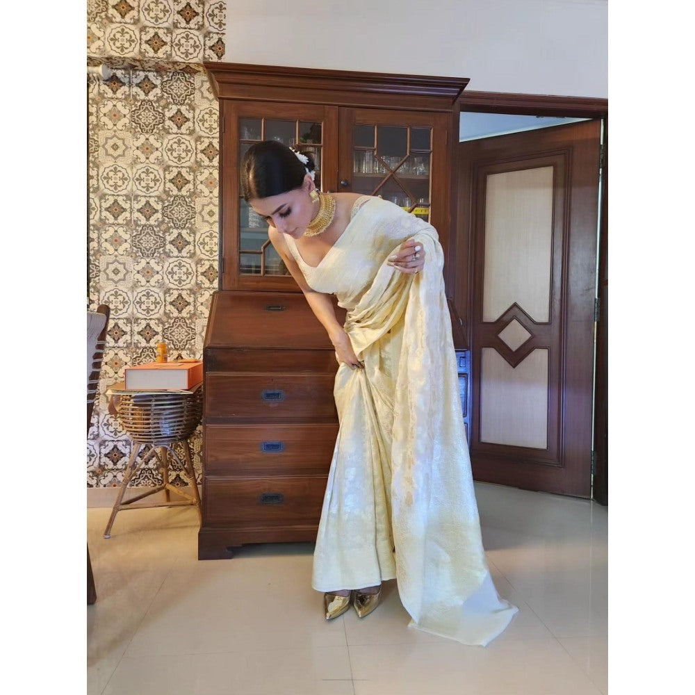 Zal from Benaras Cream Banarasi Handloom Saree with Unstitched Blouse
