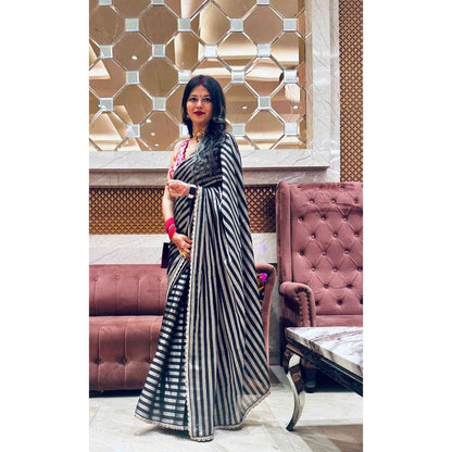 Zal from Benaras Black Zari Lining Saree with Unstitched Blouse