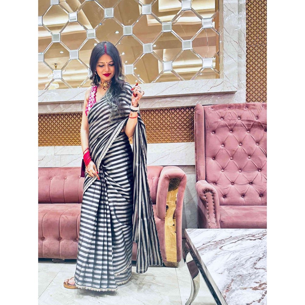 Zal from Benaras Black Zari Lining Saree with Unstitched Blouse