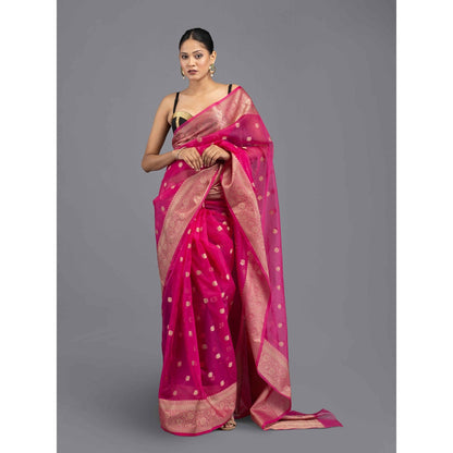 Zal from Benaras Hot Pink Handloom Saree with Unstitched Blouse