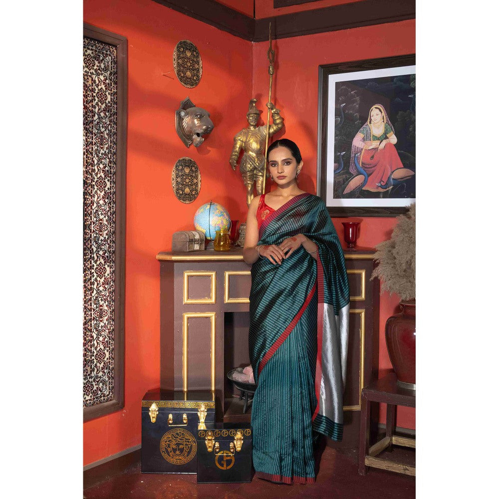 Zal from Benaras Bottle Green Toned Pure Chanderi Silk Saree with Unstitched Blouse