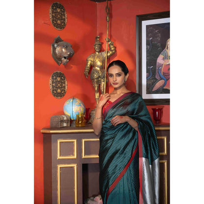 Zal from Benaras Bottle Green Toned Pure Chanderi Silk Saree with Unstitched Blouse