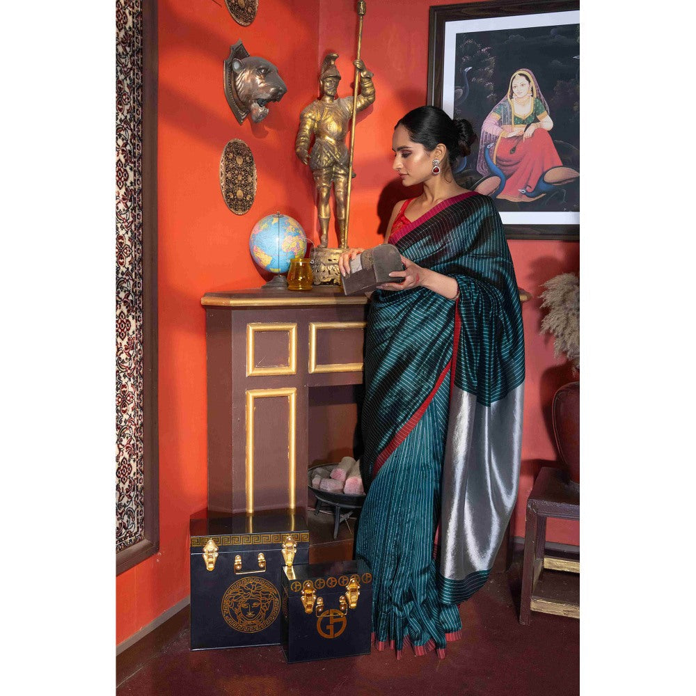 Zal from Benaras Bottle Green Toned Pure Chanderi Silk Saree with Unstitched Blouse