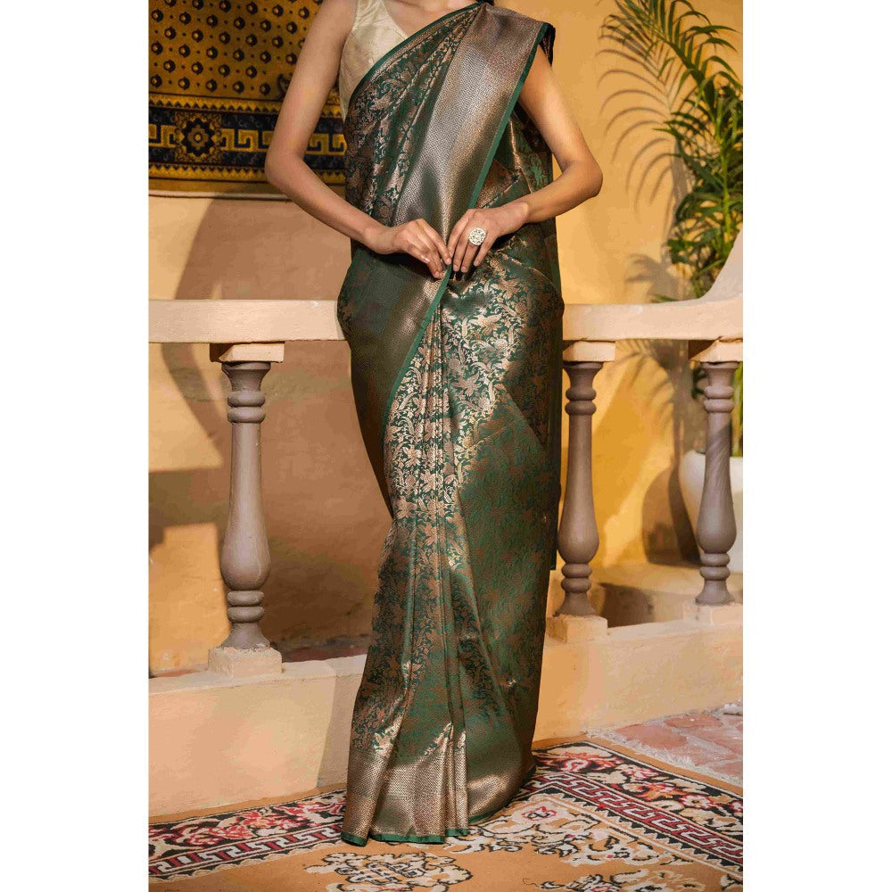 Zal from Benaras Bottle Green Pure Silk Banarasi Handloom Saree with Unstitched Blouse