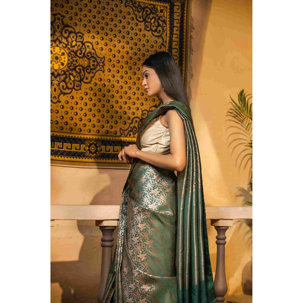 Zal from Benaras Bottle Green Pure Silk Banarasi Handloom Saree with Unstitched Blouse