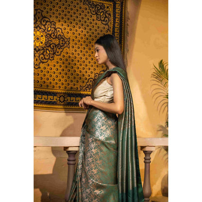 Zal from Benaras Bottle Green Pure Silk Banarasi Handloom Saree with Unstitched Blouse