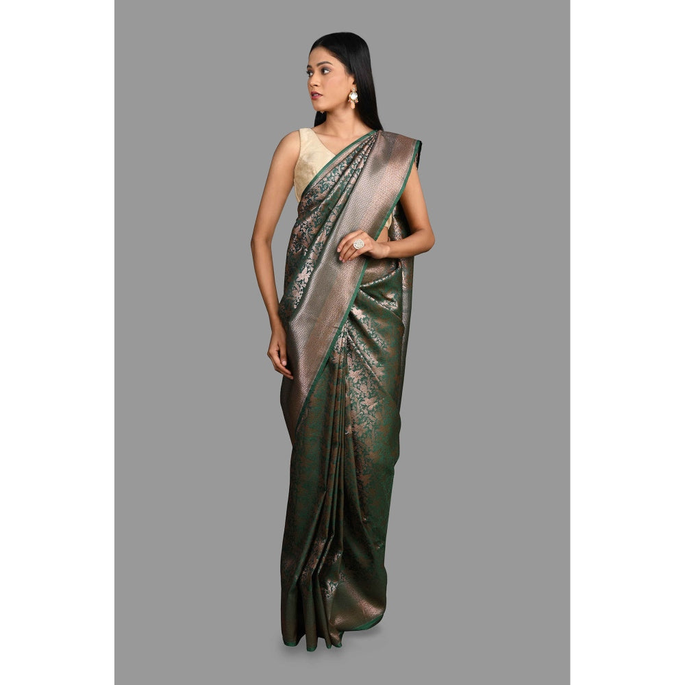 Zal from Benaras Bottle Green Pure Silk Banarasi Handloom Saree with Unstitched Blouse