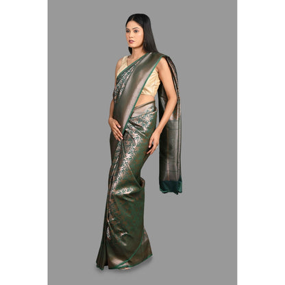 Zal from Benaras Bottle Green Pure Silk Banarasi Handloom Saree with Unstitched Blouse