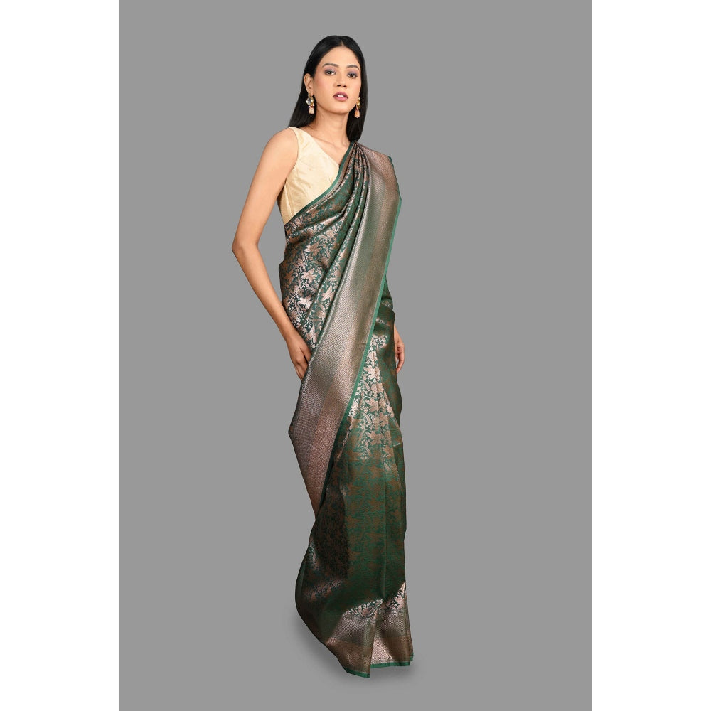 Zal from Benaras Bottle Green Pure Silk Banarasi Handloom Saree with Unstitched Blouse