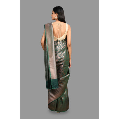 Zal from Benaras Bottle Green Pure Silk Banarasi Handloom Saree with Unstitched Blouse