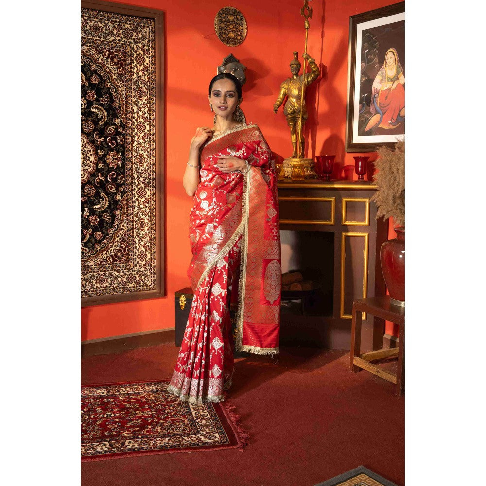 Zal from Benaras Red Stripe Pure Silk Banarasi Handloom Saree with Unstitched Blouse