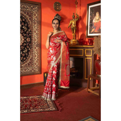 Zal from Benaras Red Stripe Pure Silk Banarasi Handloom Saree with Unstitched Blouse