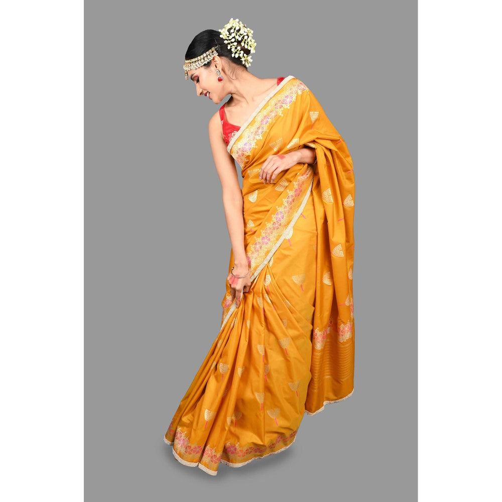 Zal from Benaras Mustard Pearl Work Silk Banarasi Handloom Saree with Unstitched Blouse