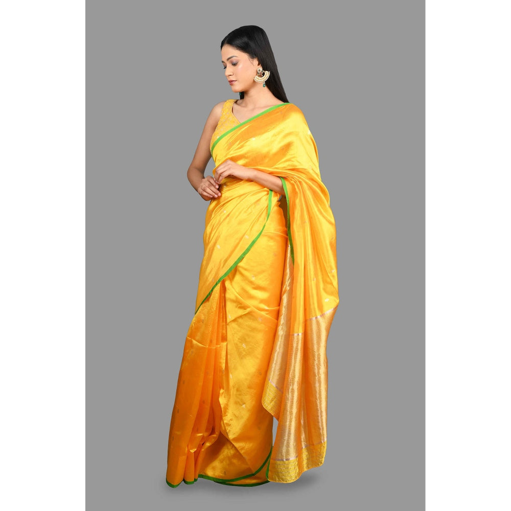 Zal from Benaras Yellow Pure Chanderi Silk Banarasi Handloom Saree with Unstitched Blouse