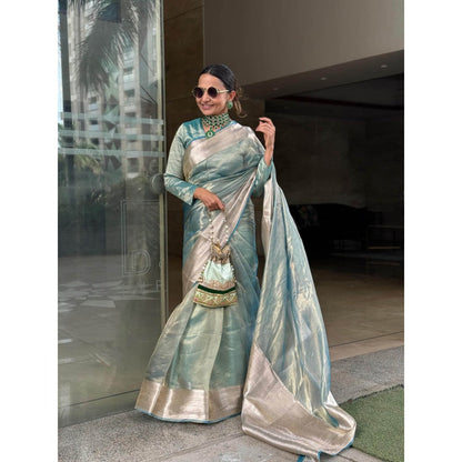 Zal from Benaras Sky Blue Pure Tissue Silk Banarasi Handloom Saree with Unstitched Blouse
