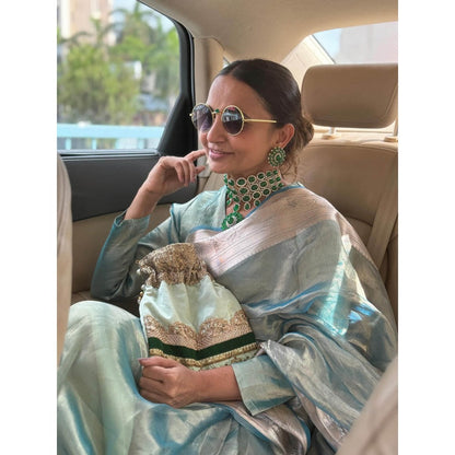 Zal from Benaras Sky Blue Pure Tissue Silk Banarasi Handloom Saree with Unstitched Blouse