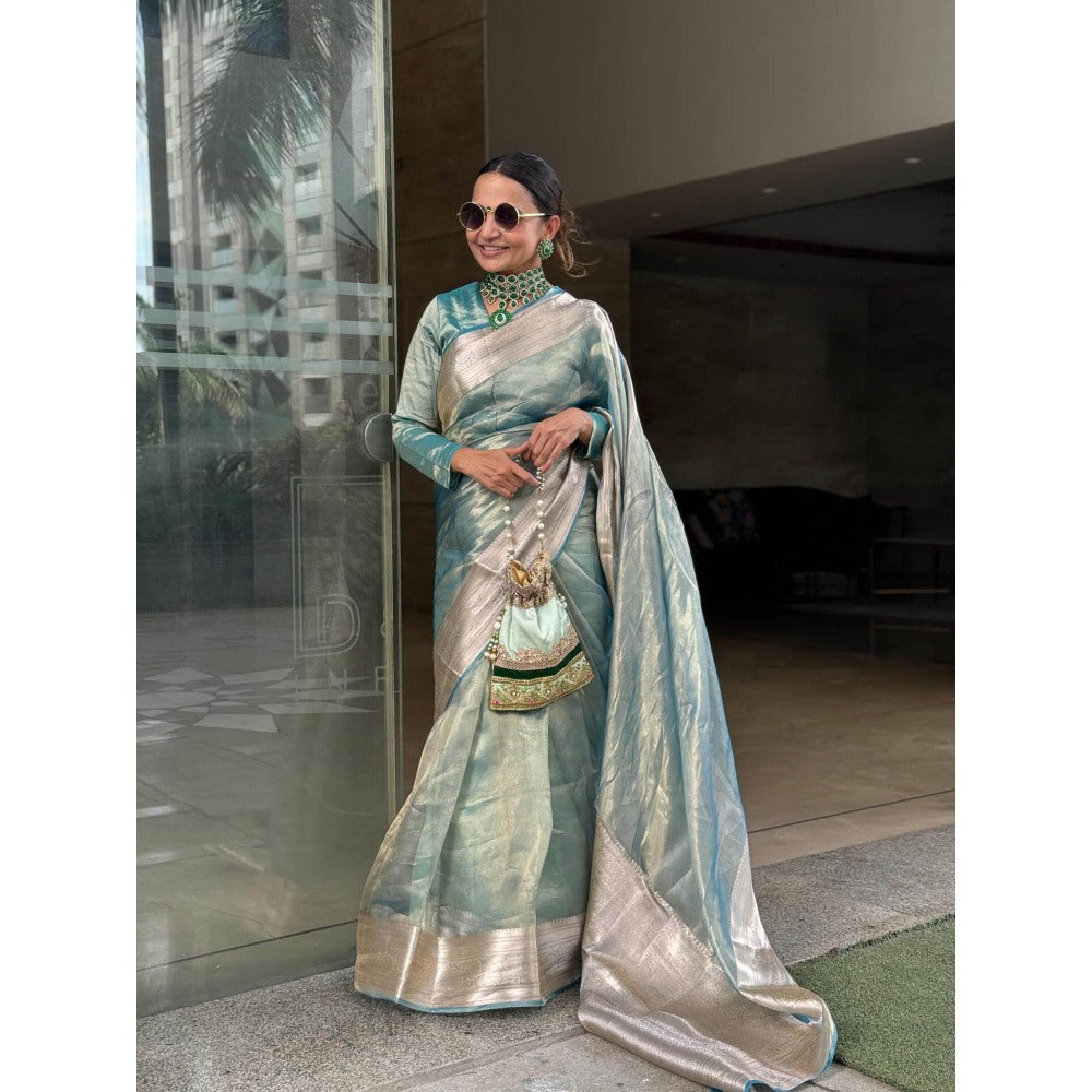 Zal from Benaras Sky Blue Pure Tissue Silk Banarasi Handloom Saree with Unstitched Blouse