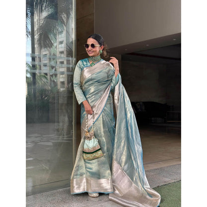 Zal from Benaras Sky Blue Pure Tissue Silk Banarasi Handloom Saree with Unstitched Blouse