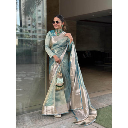 Zal from Benaras Sky Blue Pure Tissue Silk Banarasi Handloom Saree with Unstitched Blouse