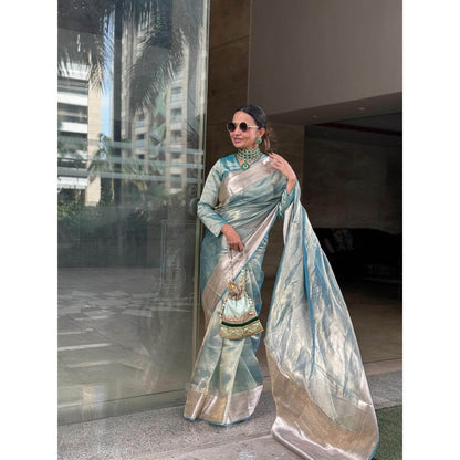 Zal from Benaras Sky Blue Pure Tissue Silk Banarasi Handloom Saree with Unstitched Blouse