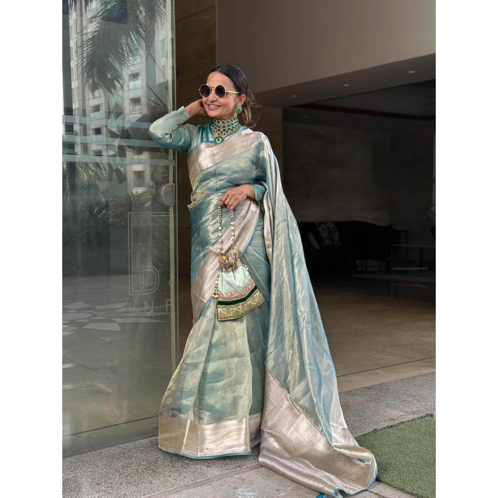 Zal from Benaras Sky Blue Pure Tissue Silk Banarasi Handloom Saree with Unstitched Blouse