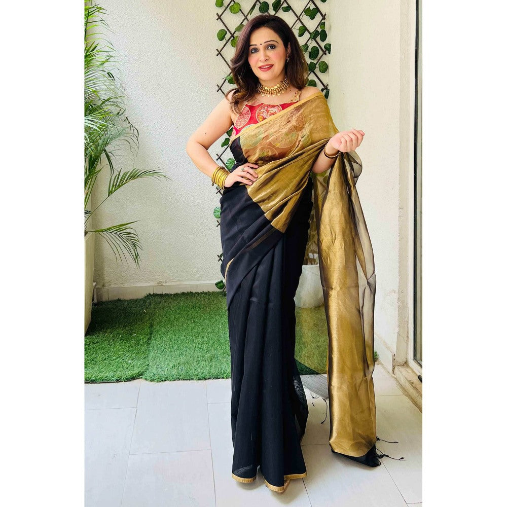 Zal from Benaras Black Gold Tissue Pure Chanderi Silk Saree with Unstitched Blouse