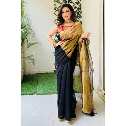 Zal from Benaras Black Gold Tissue Pure Chanderi Silk Saree with Unstitched Blouse