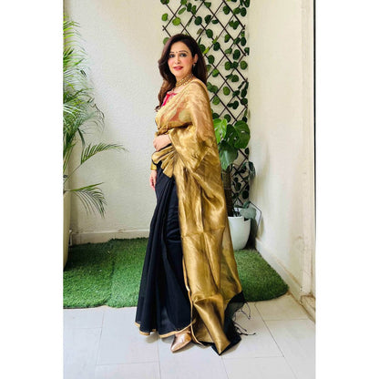 Zal from Benaras Black Gold Tissue Pure Chanderi Silk Saree with Unstitched Blouse