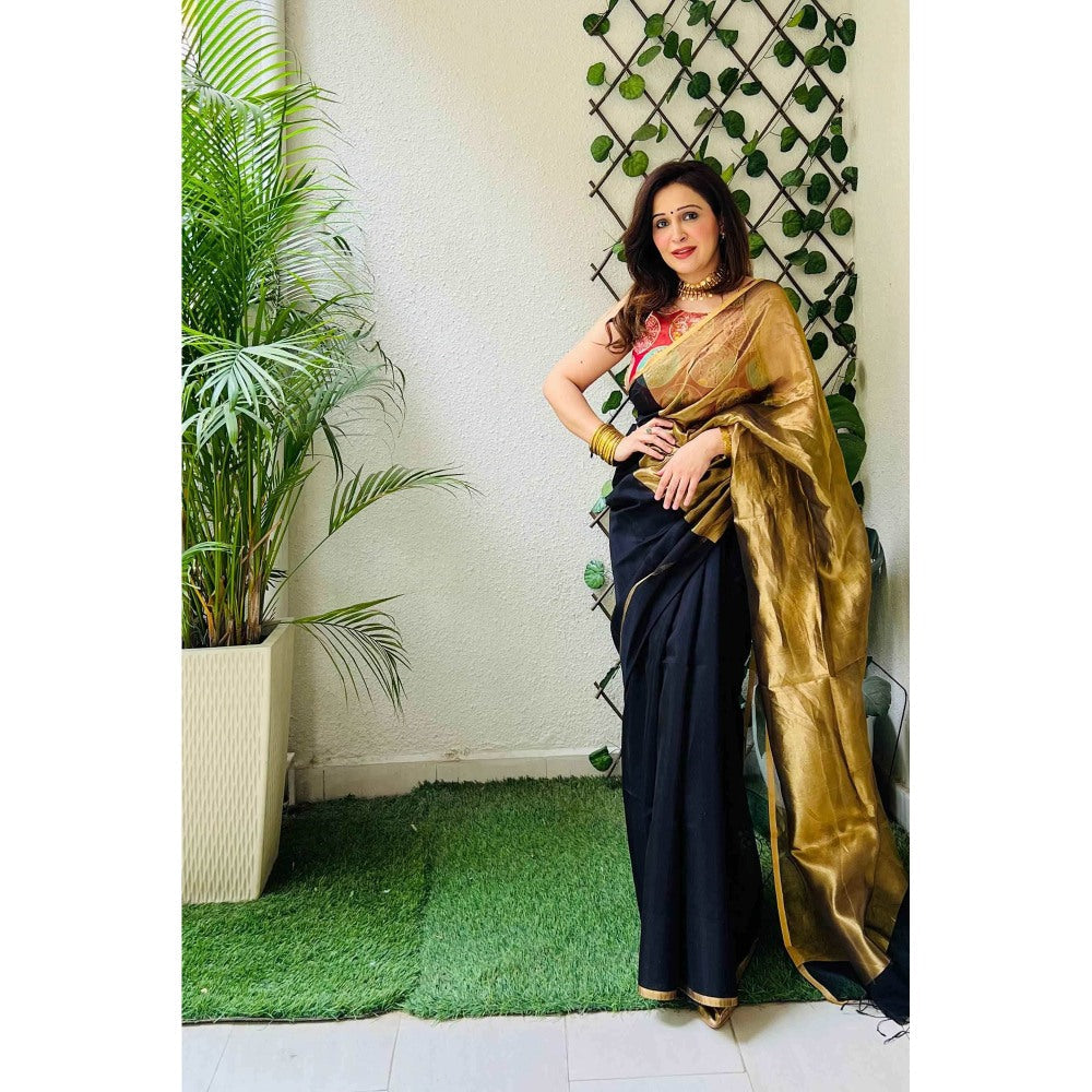 Zal from Benaras Black Gold Tissue Pure Chanderi Silk Saree with Unstitched Blouse