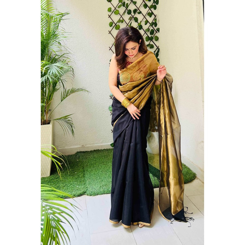 Zal from Benaras Black Gold Tissue Pure Chanderi Silk Saree with Unstitched Blouse