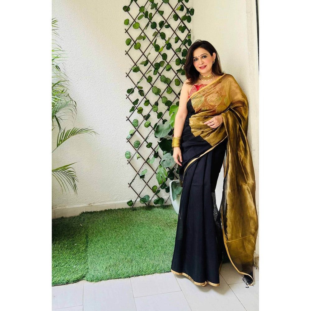Zal from Benaras Black Gold Tissue Pure Chanderi Silk Saree with Unstitched Blouse