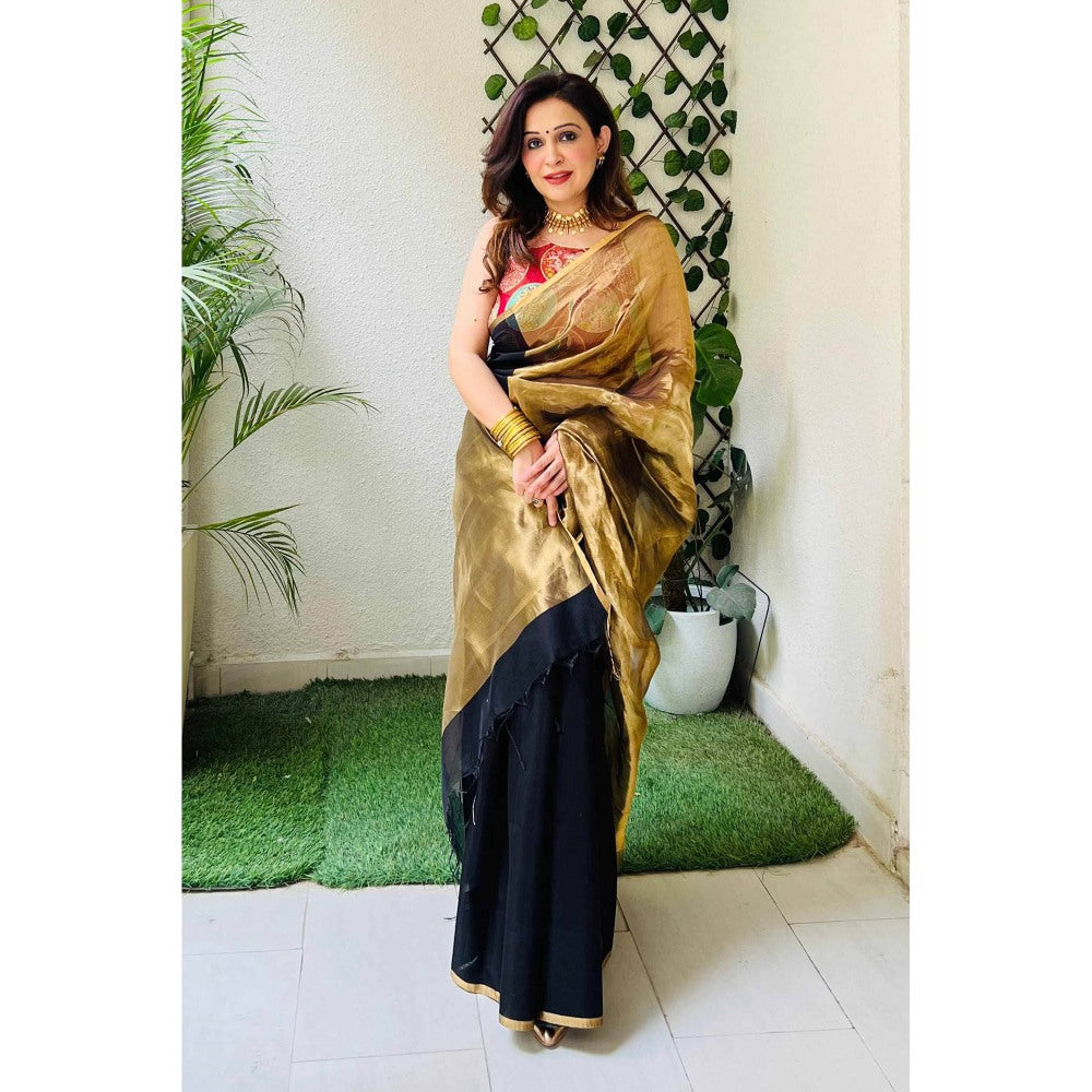 Zal from Benaras Black Gold Tissue Pure Chanderi Silk Saree with Unstitched Blouse