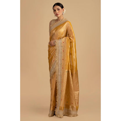 Zal from Benaras Yellow Pure Crushed Tissue Silk Banarasi Handloom Saree without Blouse